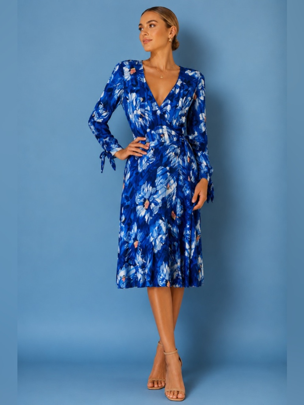 Isaac Mizrahi Floral Blue Brush Strip Long Sleeve Wrap Dress NEW Size Medium